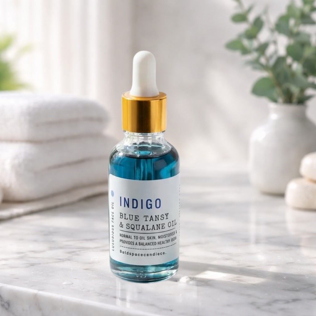 Bottle of Indigo Blue Tansy & Squalane Oil on a marble surface with a blurred background