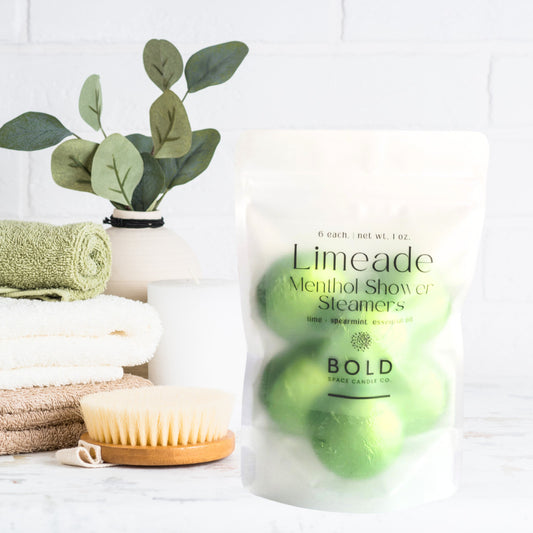 Limeade menthol shower steamers with lime and spearmint in frosted shower steamer pouch