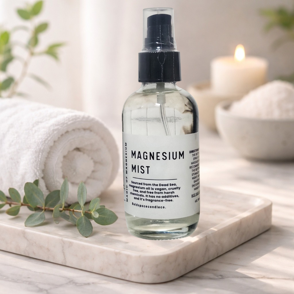 Bottle of magnesium mist on a marble surface with a candle and towel in the background