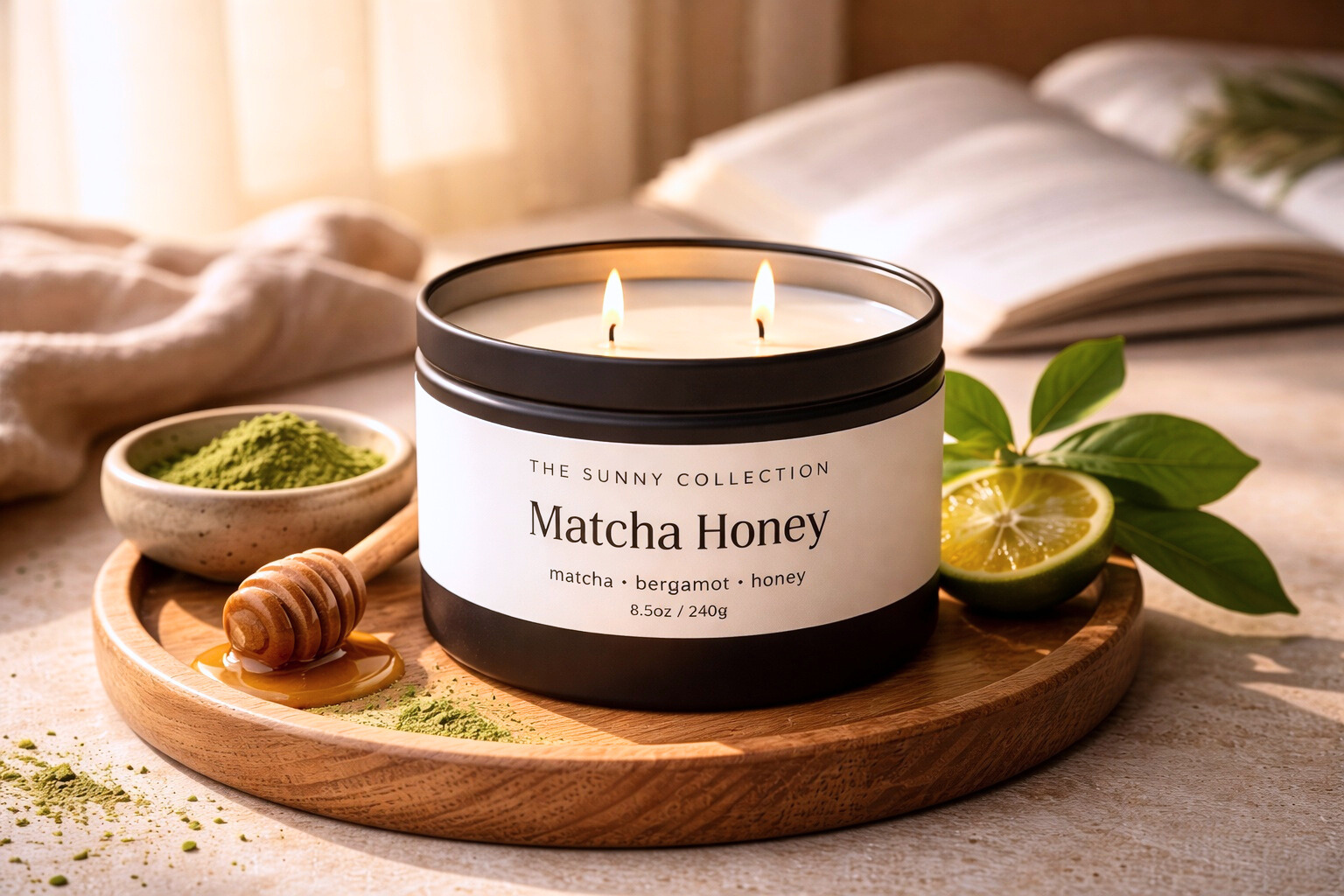 Matcha Honey candle from The Sunny Collection on a wooden tray with matcha powder, honey, and lime.