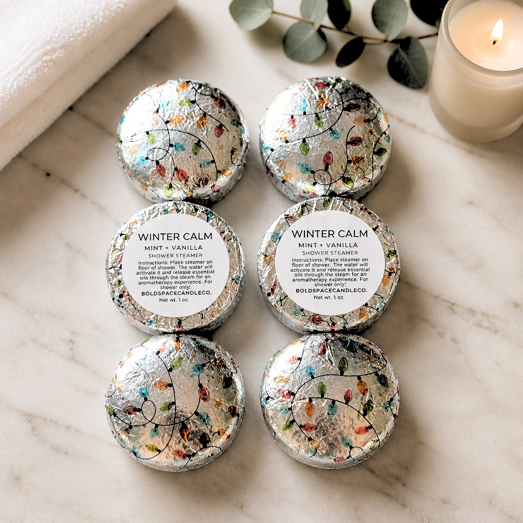 Six round shower steamers in silver foil wrappers with colorful holiday lights and white labels reading 'WINTER CALM' are arranged on a light marble surface with a folded white towel, eucalyptus leaves, and a lit candle in the background.