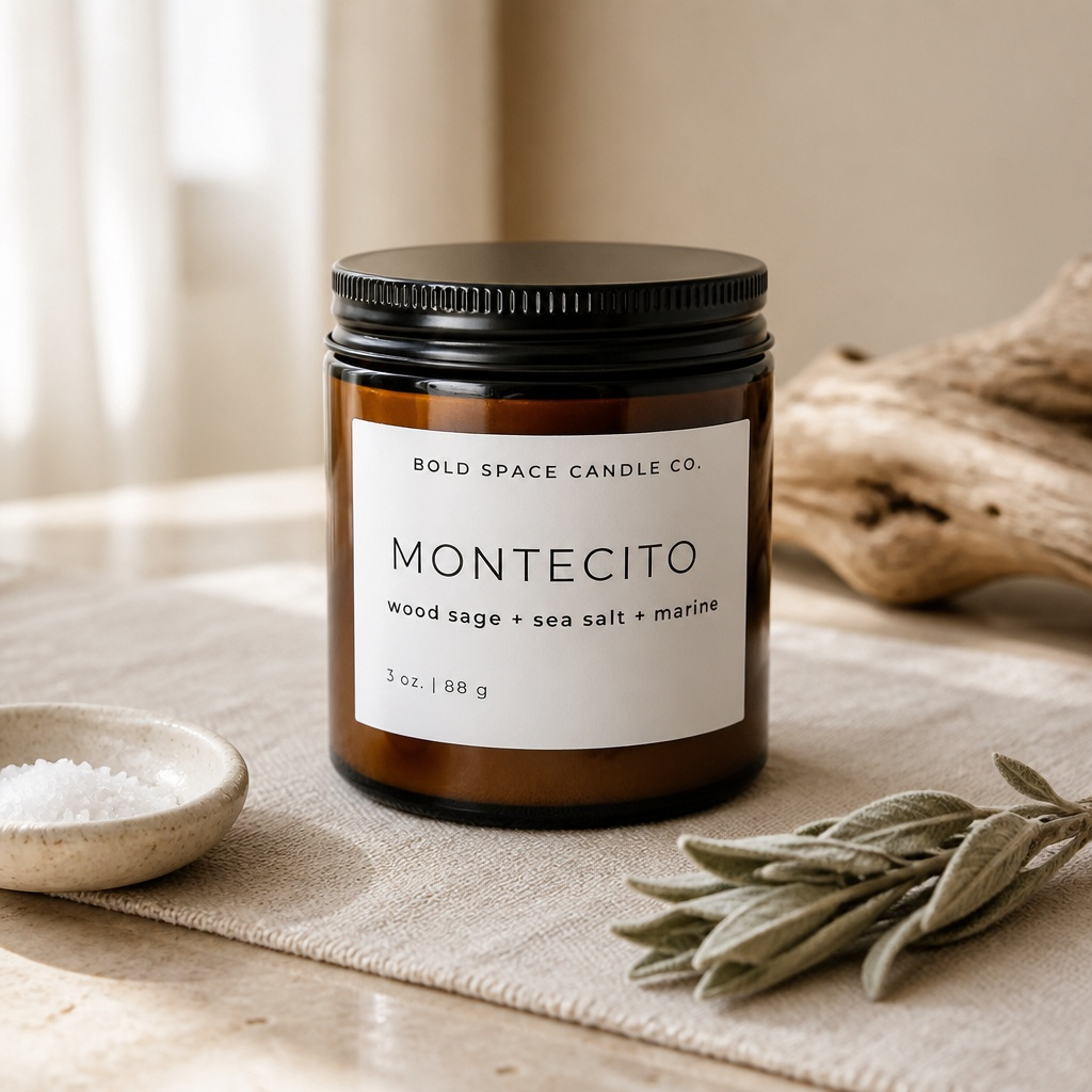 Candle jar labeled 'Montecito' from Bold Space Candle Co. on a neutral background with herbs.