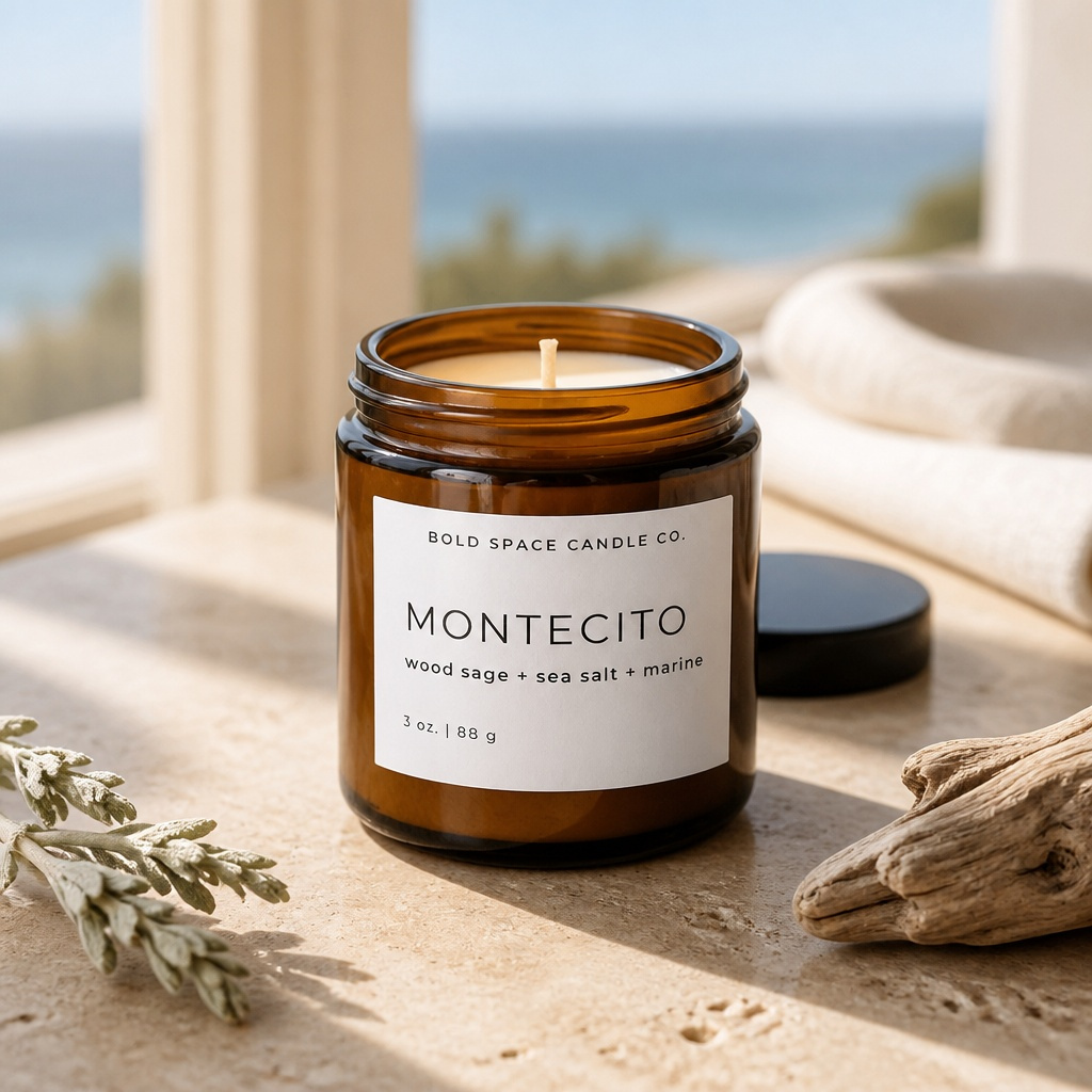 Candle in a brown jar with a label on a stone surface with a scenic background