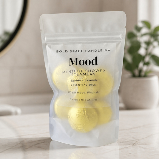 Pack of Bold Space Candle Co Mood Menthol Shower Steamers on a bathroom counter.