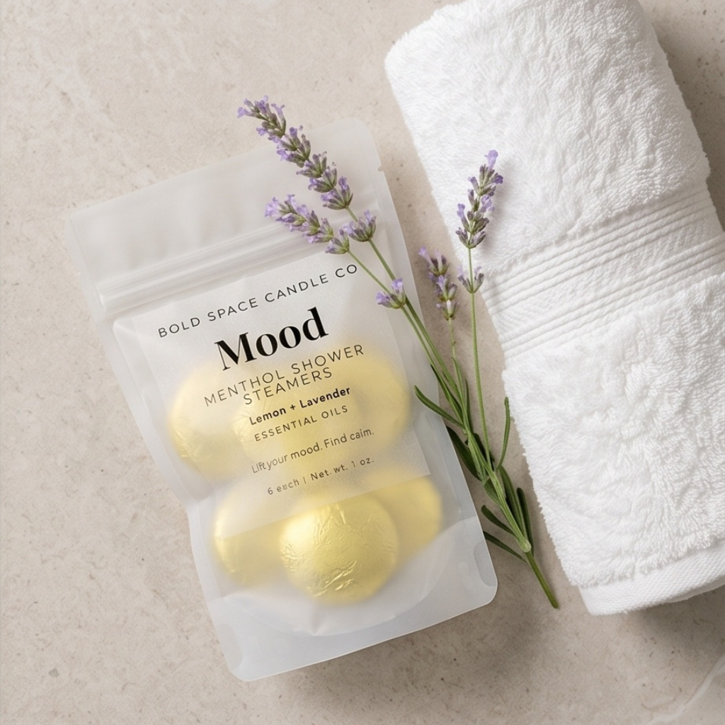 Mood shower steamers with lavender on a white towel