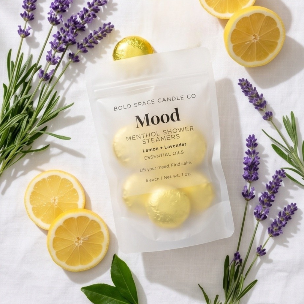 Mood Menthol Shower Steamers packaging with lemons and lavender on a white background