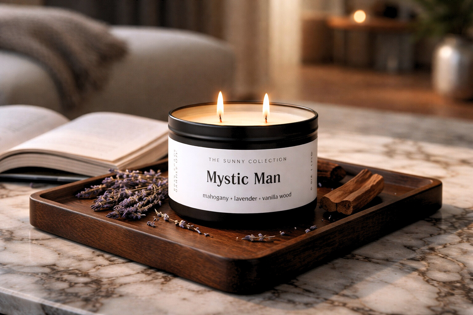 Candle labeled 'Mystic Man' on a wooden tray with lavender and cinnamon sticks, in a cozy indoor setting.