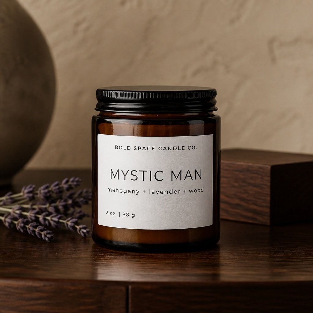 Candle jar labeled 'Mystic Man' from Bold Space Candle Co. on a wooden surface with lavender.