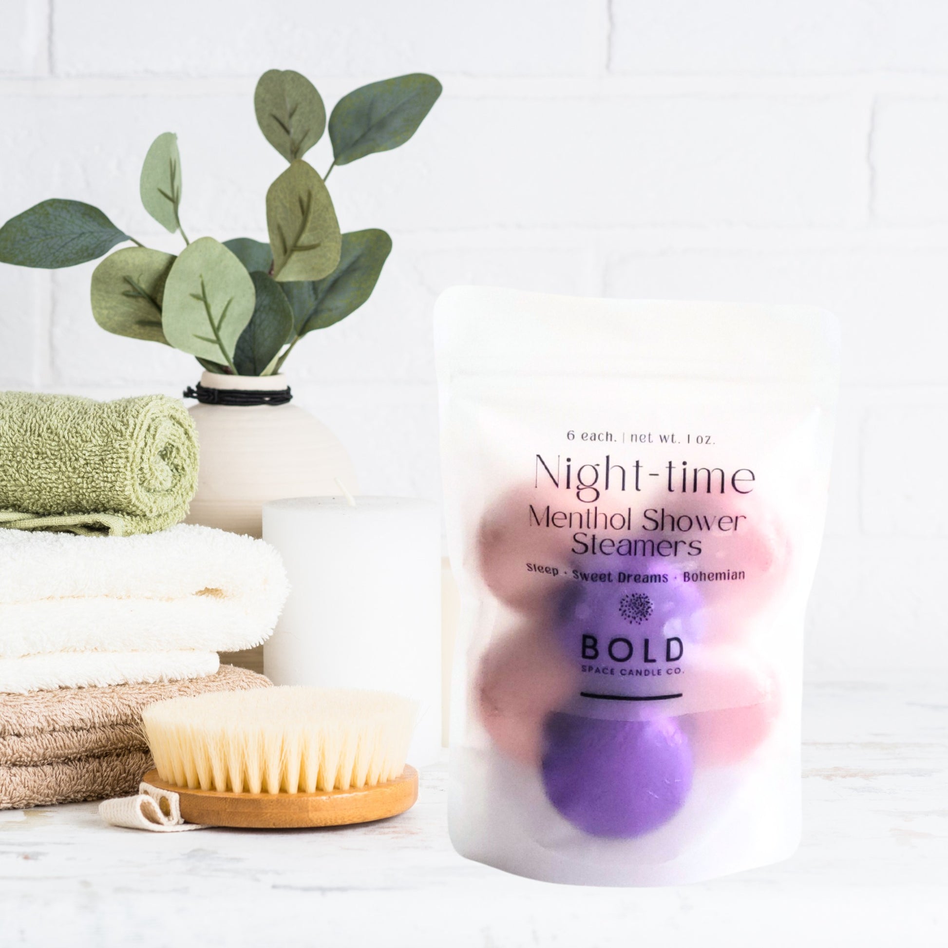 Night-Time menthol shower steamer variety pack with Sleep, Sweet Dreams, and Bohemian scents