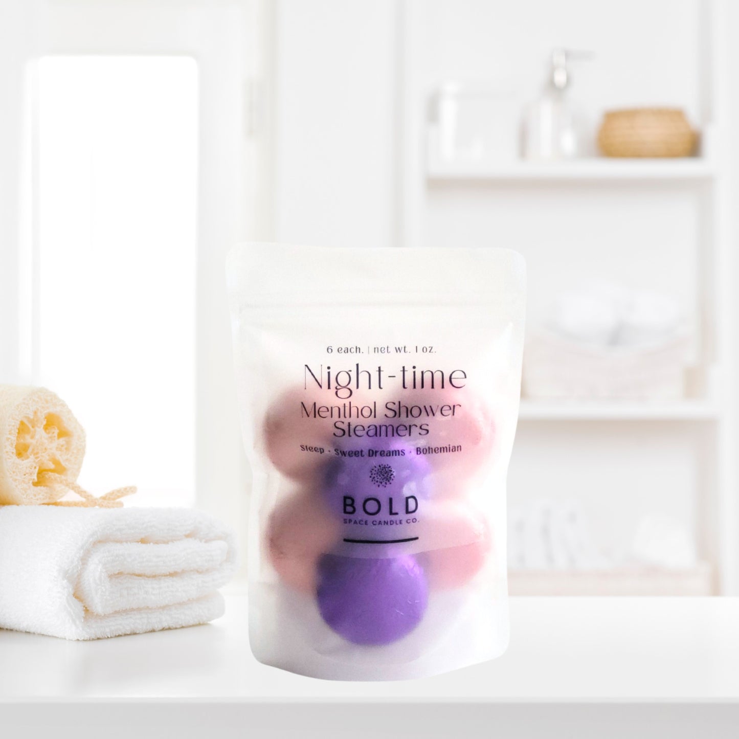 Night-Time aromatherapy shower steamers styled in relaxing spa bathroom setting for bedtime routines