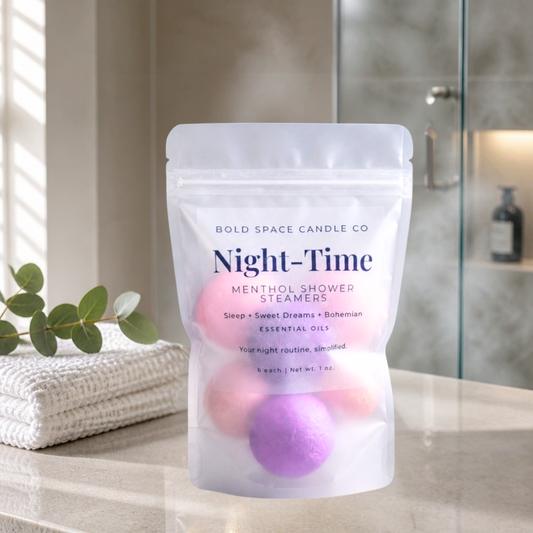 Night-Time aromatherapy shower steamers styled in relaxing spa bathroom setting for bedtime 
