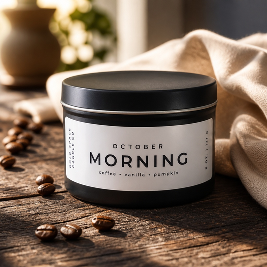 A black metal tin candle labeled 'OCTOBER MORNING coffee • vanilla • pumpkin' sits on a rustic wooden surface with scattered coffee beans and a beige cloth in the background.