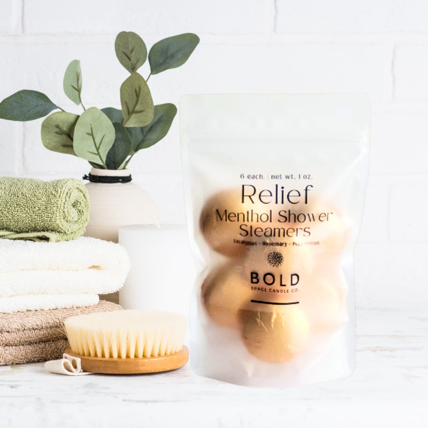Relief menthol shower steamers with eucalyptus, rosemary, and peppermint in frosted pouch