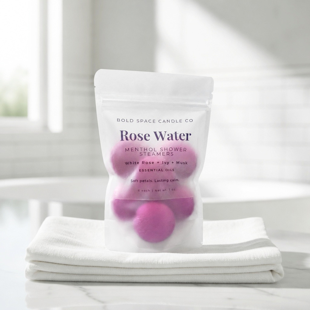 A stand-up pouch of Bold Space Candle Co. Rose Water Menthol Shower Steamers sits on folded white towels on a light marble surface, with a softly blurred bright bathroom-like background.