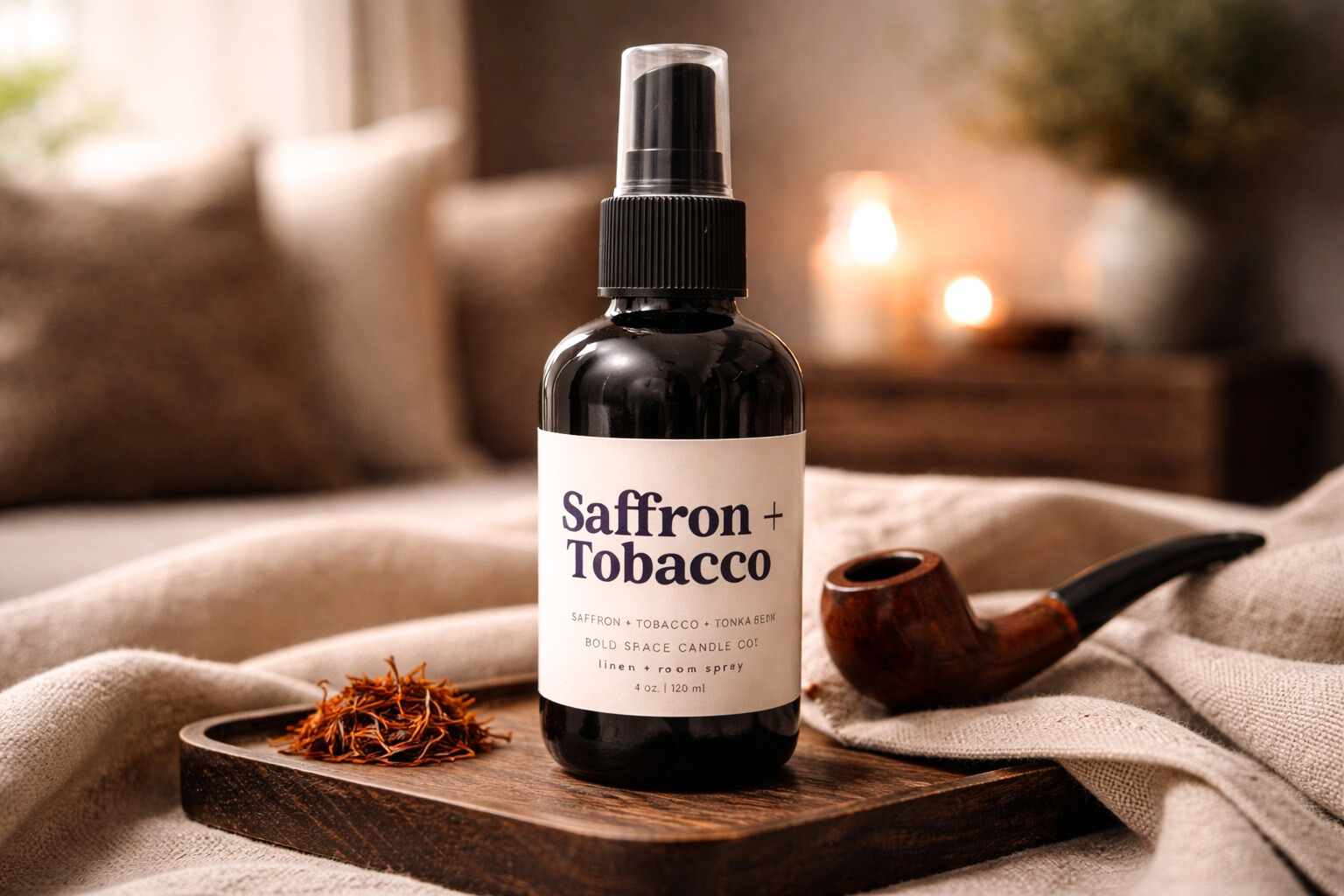 Saffron + Tobacco room spray black glass bottle on a wooden tray with saffron and a pipe in a cozy setting