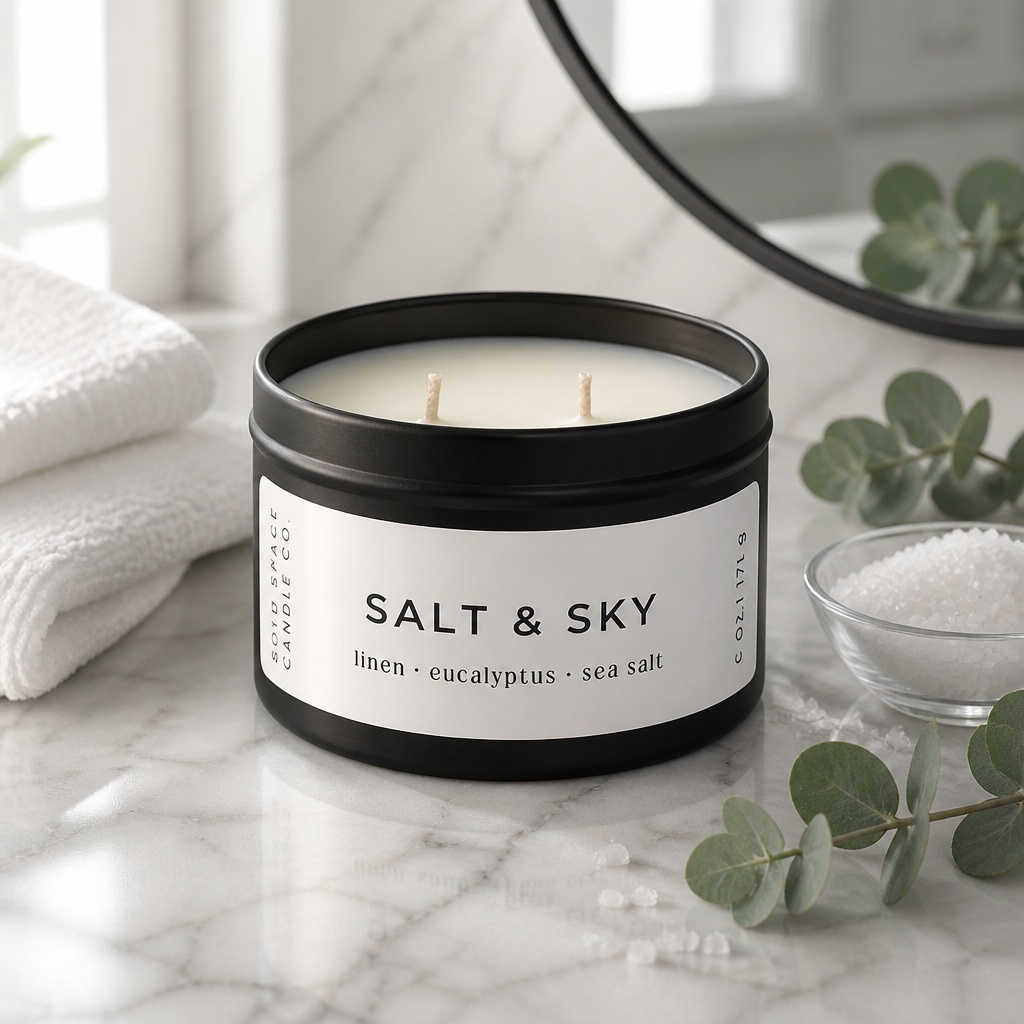 Candle in a black tin labeled 'Salt & Sky' on a marble surface with eucalyptus leaves.