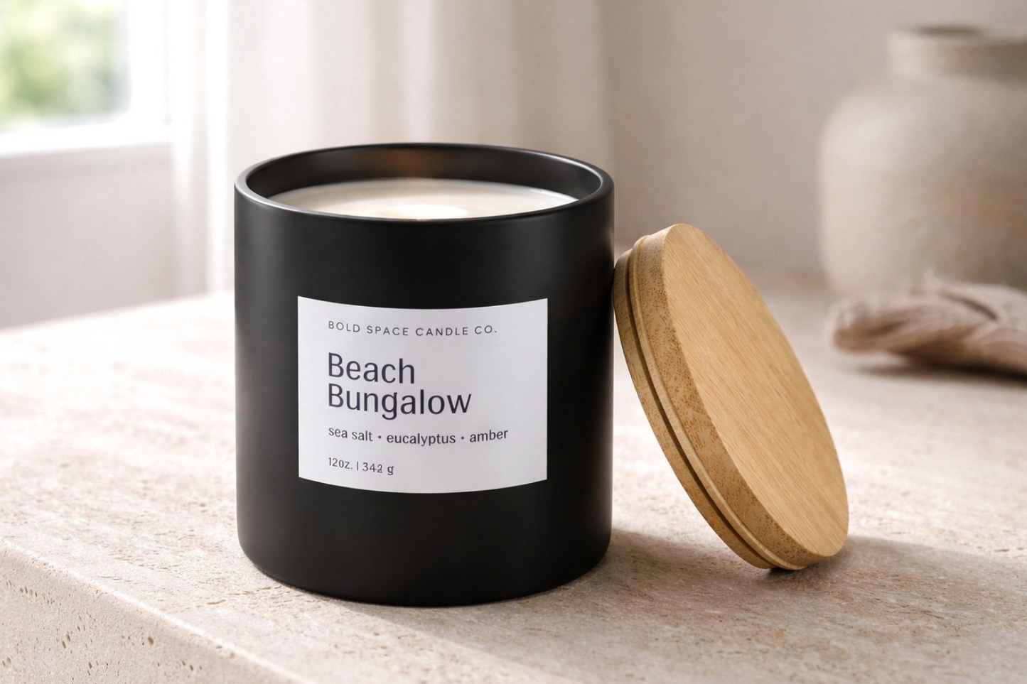 Beach bungalow candle. sea salt + eucalyptus + amber summer soy candle