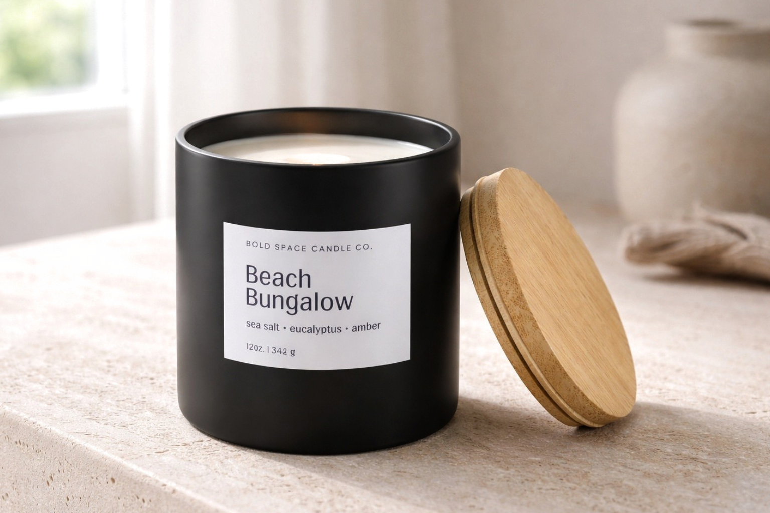 Beach bungalow candle. sea salt + eucalyptus + amber summer soy candle