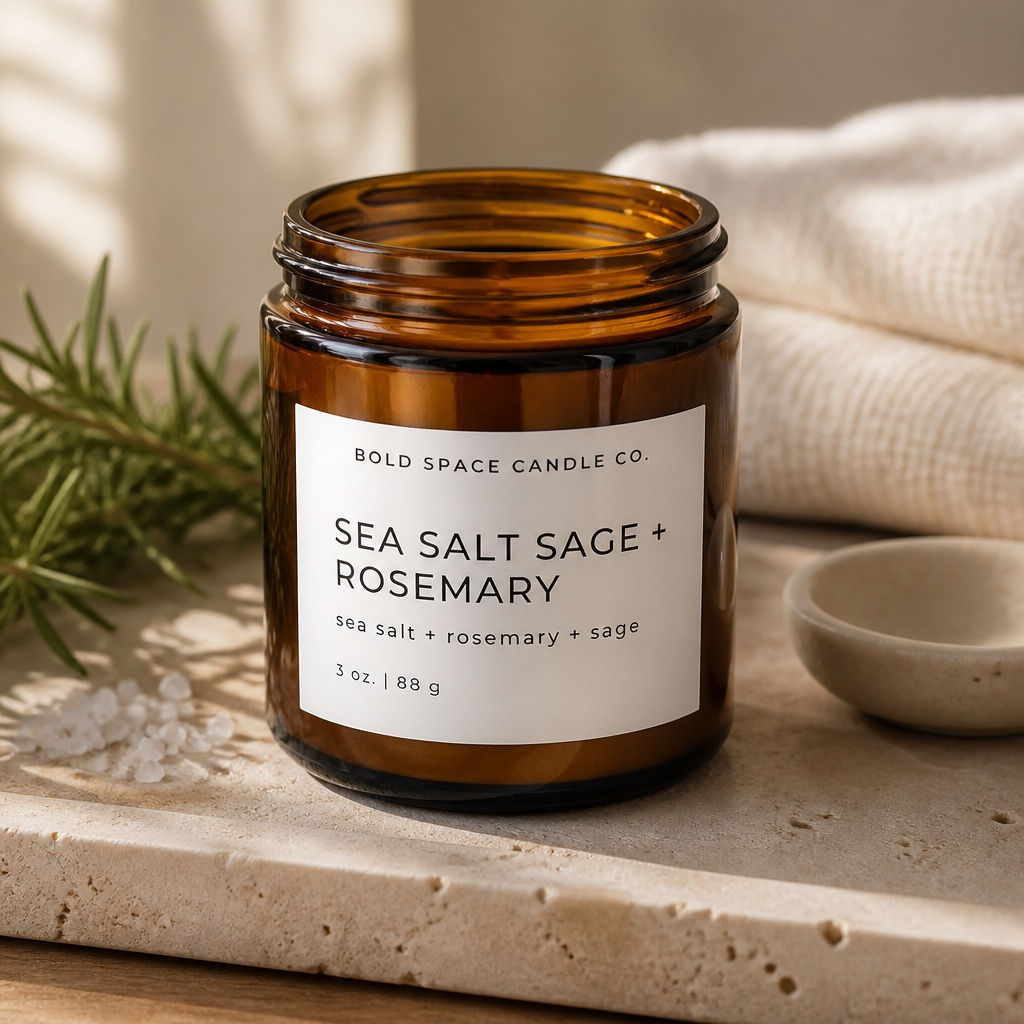 Brown candle jar labeled 'Sea Salt Sage + Rosemary' on a neutral background