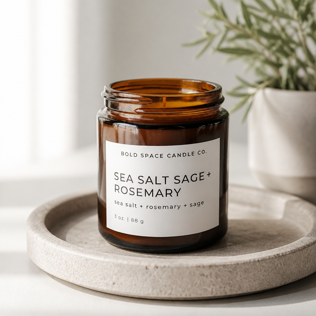 Sea Salt Sage + Rosemary candle in an amber jar on a stone tray with a plant in the background.