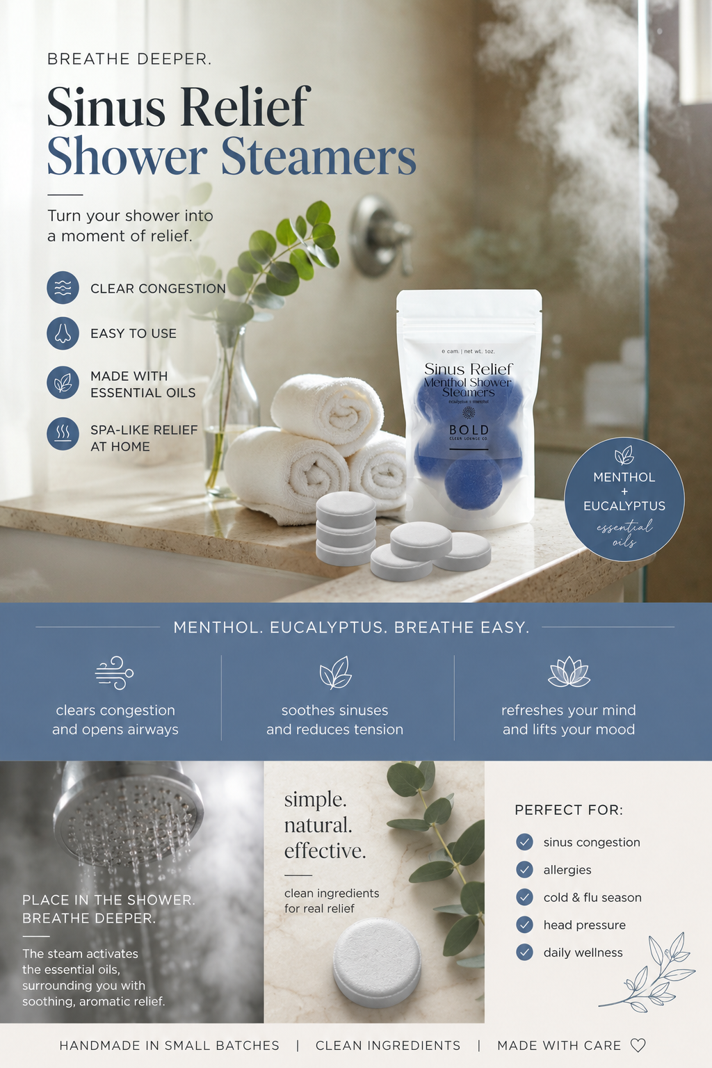 Advertisement for Sinus Relief Shower Steamers with product packaging and steam in a bathroom setting.