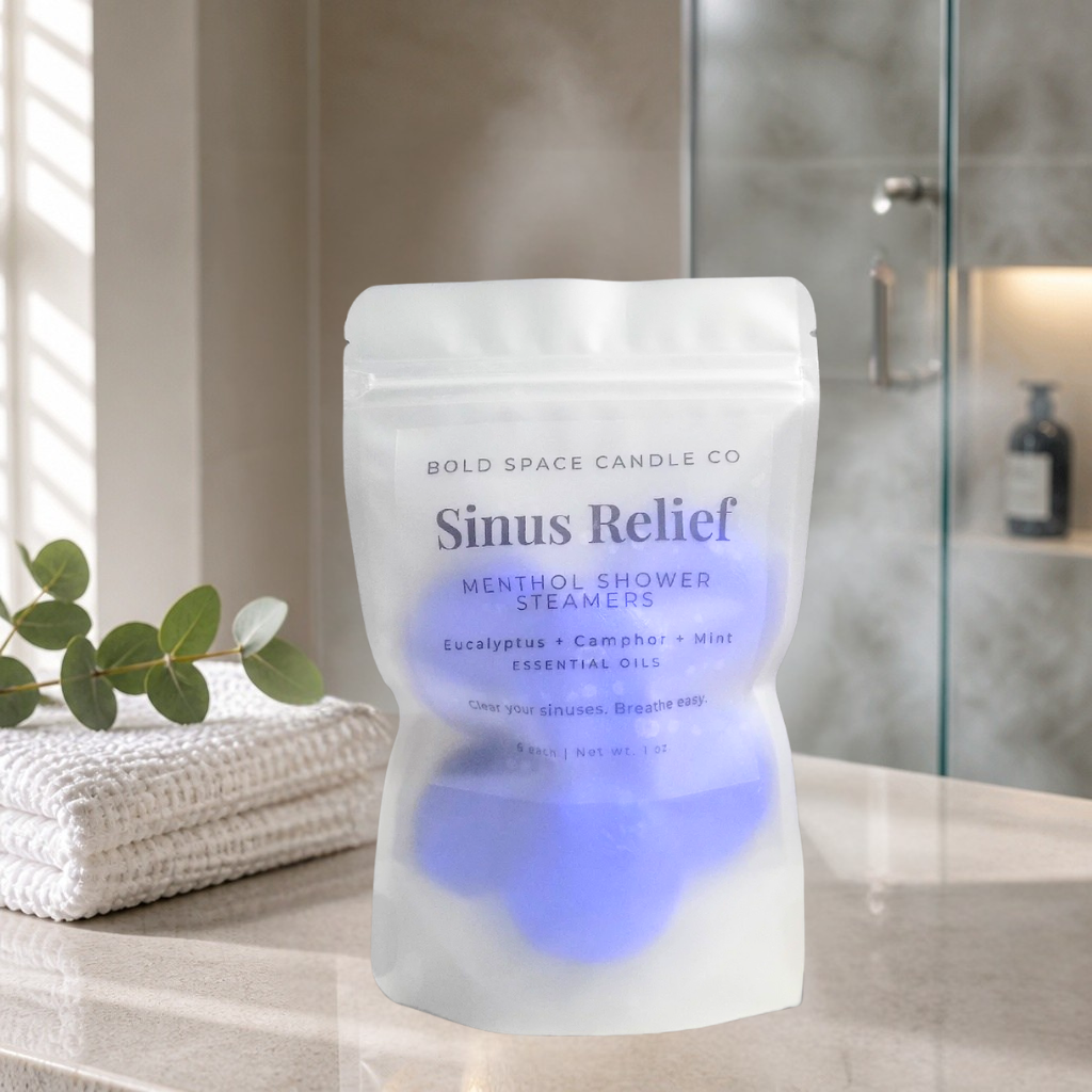 Sinus Relief Menthol Shower steamer 6 pack on bathroom counter