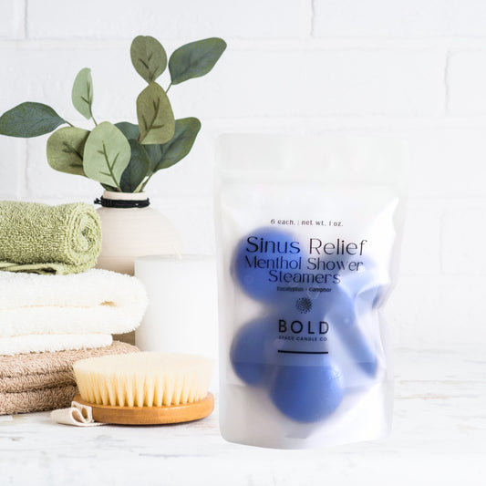 Sinus Relief menthol shower steamers with eucalyptus, camphor, and mint in frosted pouch