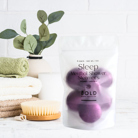 Sleep menthol shower steamers with lavender and tonka bean in frosted spa-style pouch