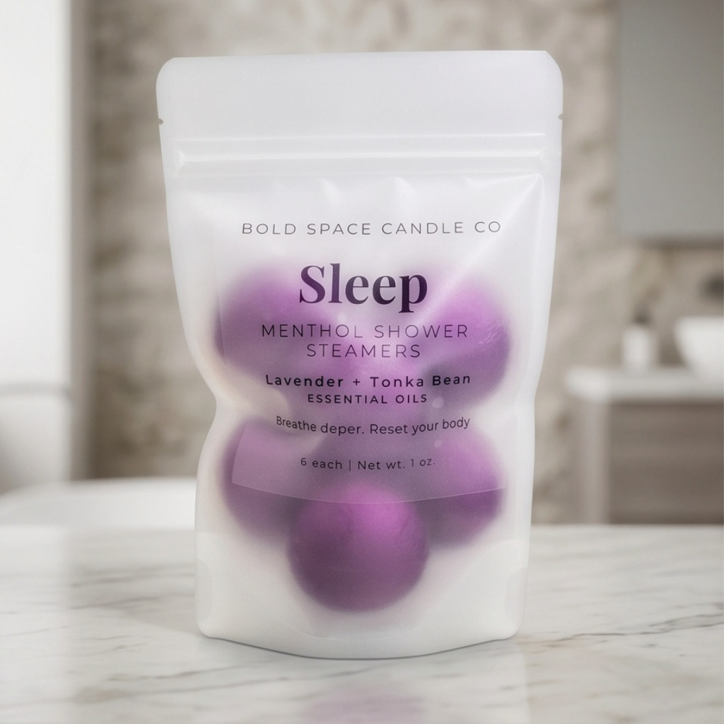 Pack of Bold Space Candle Co Sleep Menthol Shower Steamers on a marble surface.