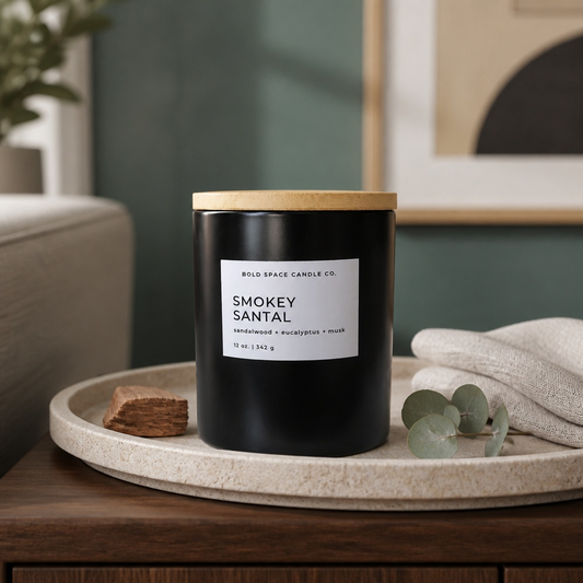 Smokey Santal Soy Candle | Sandalwood, Eucalyptus + Musk 12 oz.