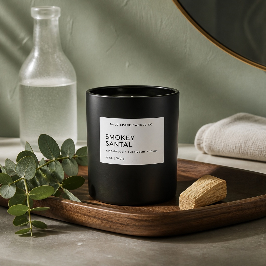 A matte black candle jar with a white label reading 'BOLD SPACE CANDLE CO. SMOKEY SANTAL' sits on a wooden tray, styled with eucalyptus leaves, a small wood block, a glass bottle, and a folded cloth against a muted sage background.