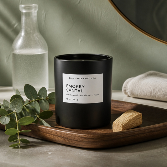 A matte black candle jar with a white label reading 'BOLD SPACE CANDLE CO. SMOKEY SANTAL' sits on a wooden tray, styled with eucalyptus leaves, a small wood block, a glass bottle, and a folded cloth against a muted sage background.