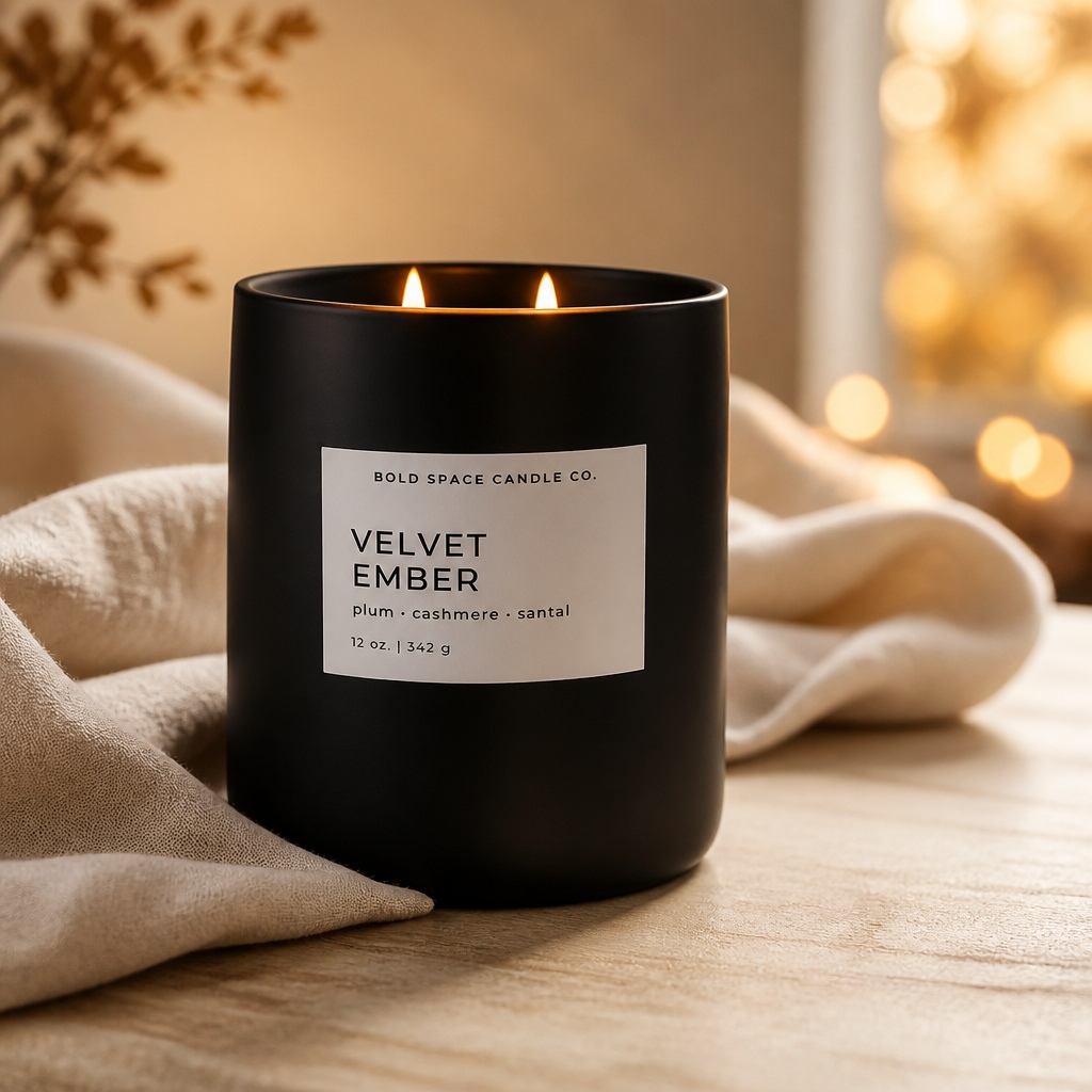A black candle jar with a white label reading 'BOLD SPACE CANDLE CO. VELVET Ember' sits on a wooden surface with a beige cloth and warm blurred lights in the background.