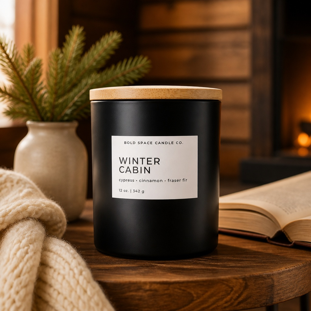 A matte black candle jar with a light wood lid sits on a wooden table in a cozy indoor setting, with a white label reading 'BOLD SPACE CANDLE CO. WINTER CABIN' and surrounding props including a knit blanket, book, and small plant.