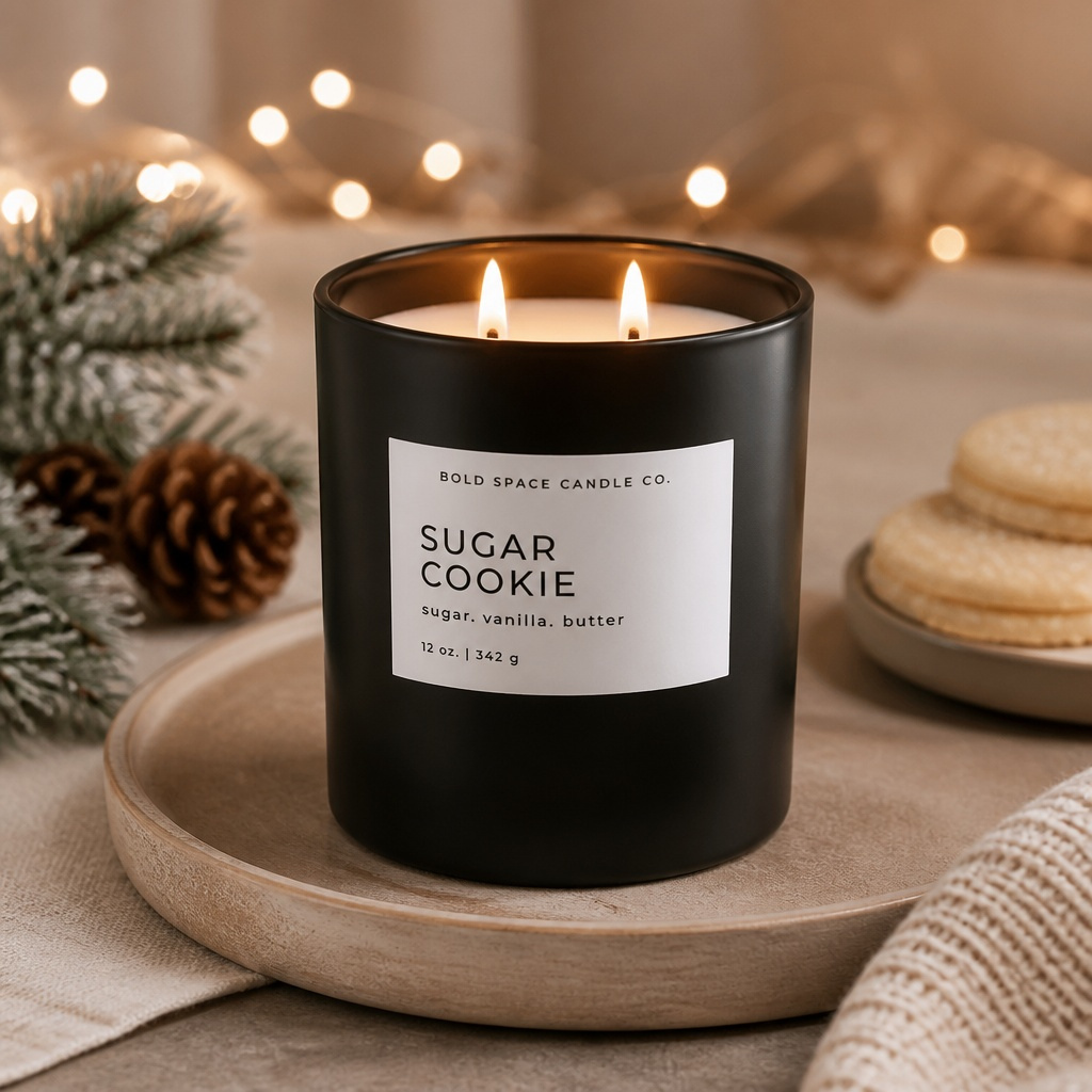 A black candle jar labeled 'SUGAR COOKIE' by Bold Space Candle Co., with two lit wicks, styled on a wooden tray with warm holiday lights, pine branches, and cookies in the background.