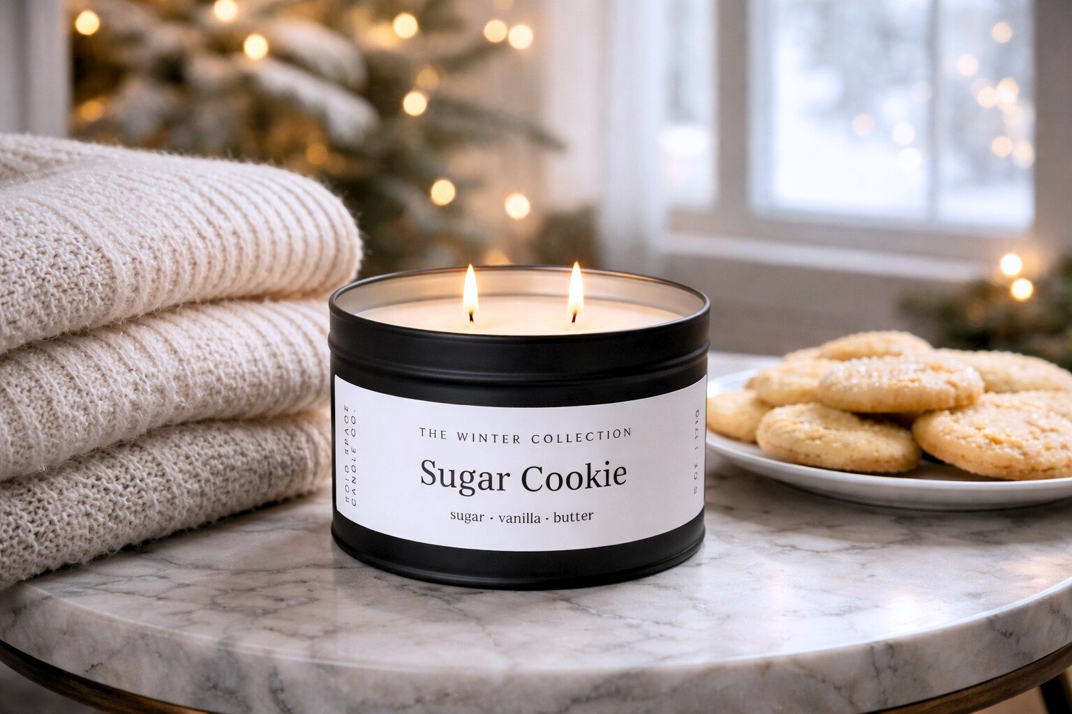 Lit candle labeled 'Sugar Cookie' on a marble surface with cookies and towels in the background.