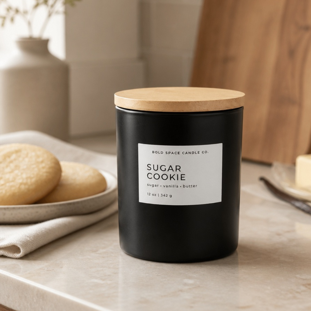 A matte black candle jar with a light wood lid sits on a marble countertop in a warm kitchen setting. The front label reads 'BOLD SPACE CANDLE CO.