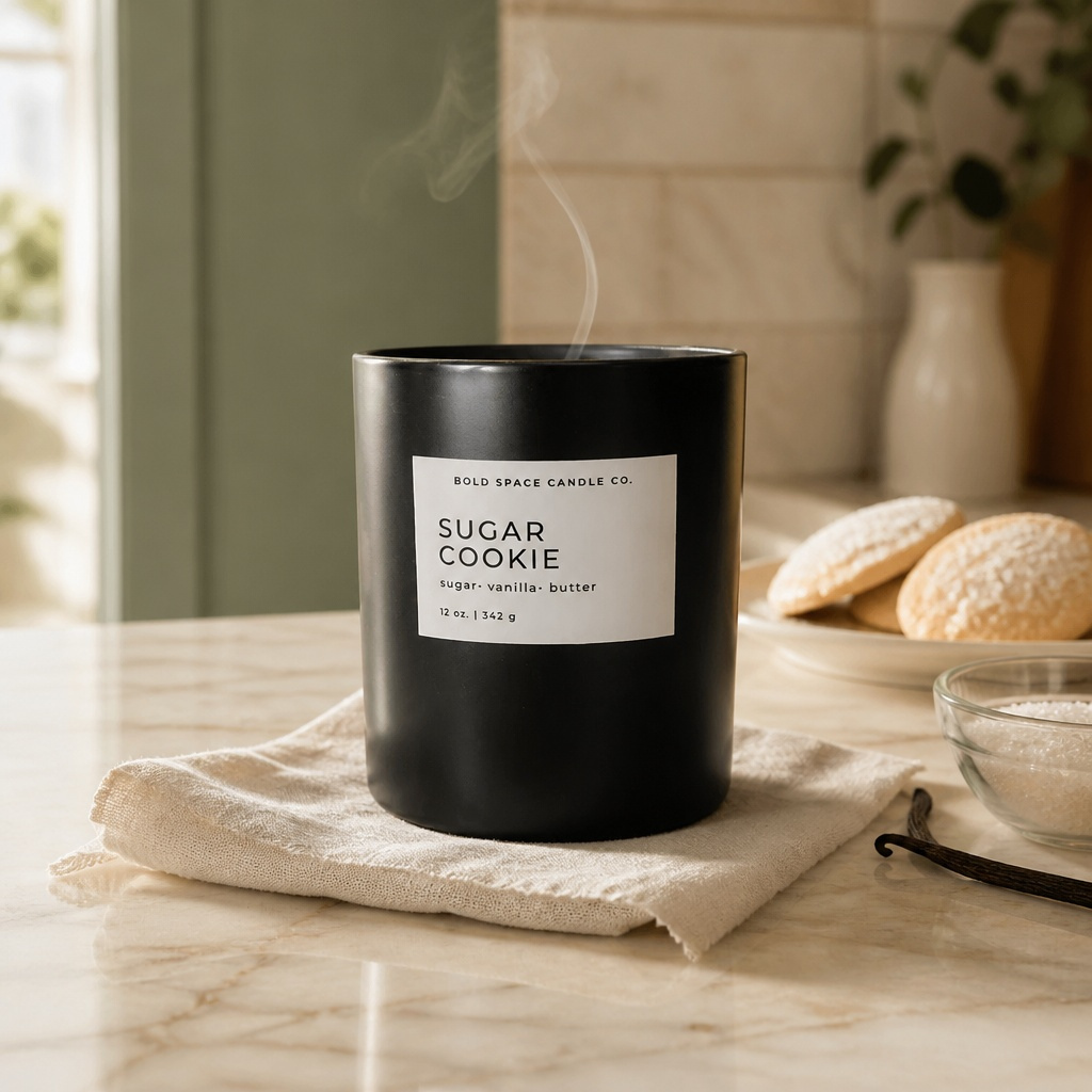 A matte black scented candle with a white label reading 'BOLD SPACE CANDLE CO. SUGAR COOKIE' sits on a beige cloth on a marble countertop, with cookies, a glass bowl, and a vanilla bean in a softly lit kitchen setting.