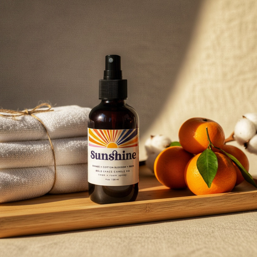 Bottle of 'Sunshine' spray on a wooden tray with oranges and cotton on a neutral background