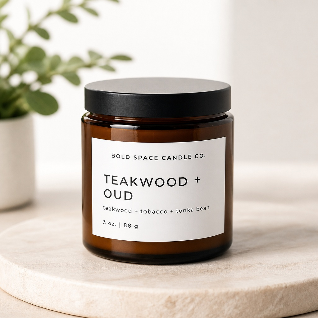Candle jar with 'Teakwood + Oud' fragrance on a neutral background