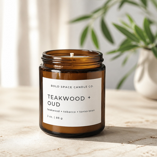 Teakwood + Oud candle from Bold Space Candle Co. on a marble surface with a plant in the background.