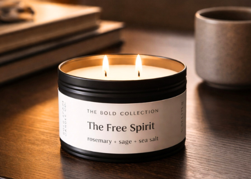 Candle labeled 'The Free Spirit' on a wooden surface with a mug and books in the background