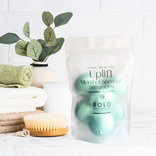 Uplift menthol shower steamers with eucalyptus and spearmint in frosted pouch