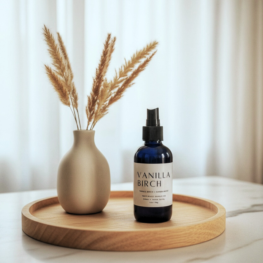 Vanilla Birch room spray bottle next to a decorative vase with dried flowers on a wooden tray.