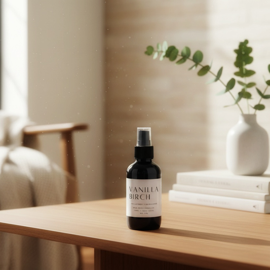 Vanilla Birch - Linen & Room Spray in a 4 oz. black bottle displayed on a wooden table with greenery.