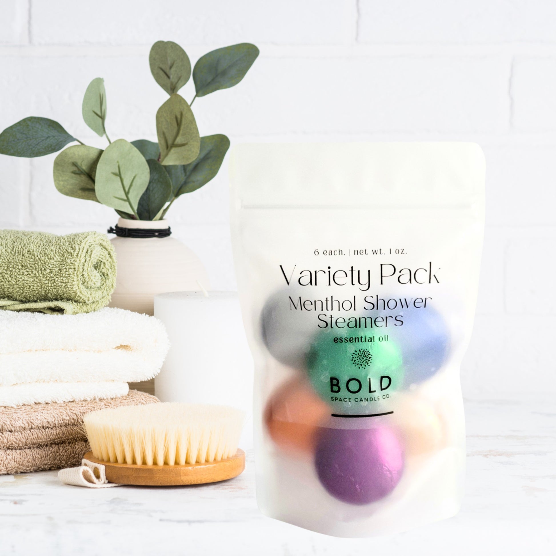 Variety Pack menthol shower steamers featuring assorted aromatherapy scents in frosted spa-style packaging