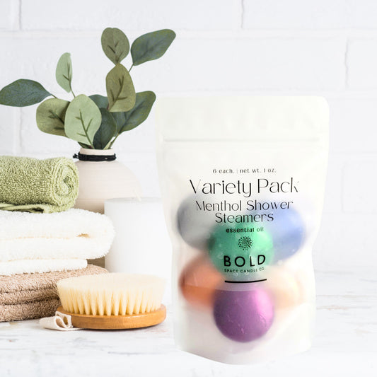 Variety Pack menthol shower steamers featuring assorted aromatherapy scents in frosted spa-style packaging