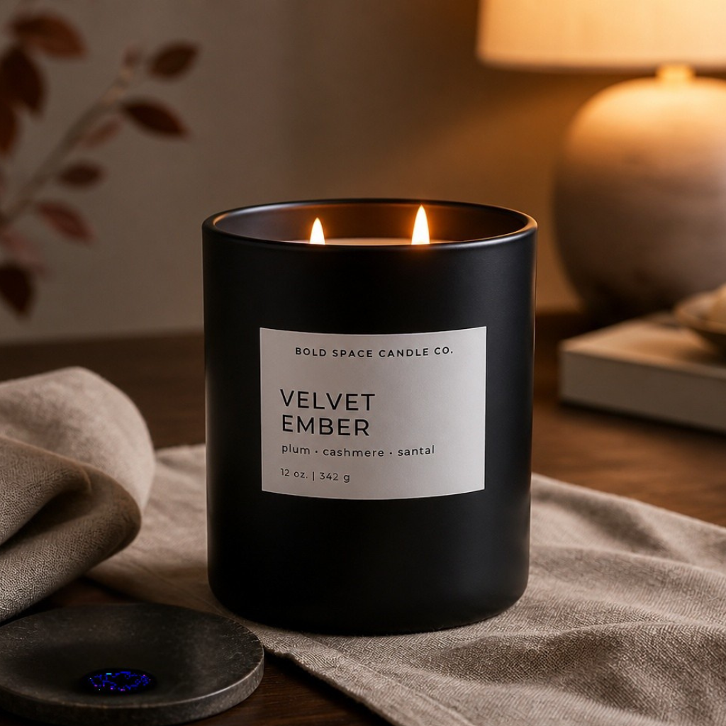 A matte black candle jar with two lit wicks and a white label reading 'BOLD SPACE CANDLE CO. VELVET EMBER' on a draped linen cloth, with a lamp and books blurred in the background.