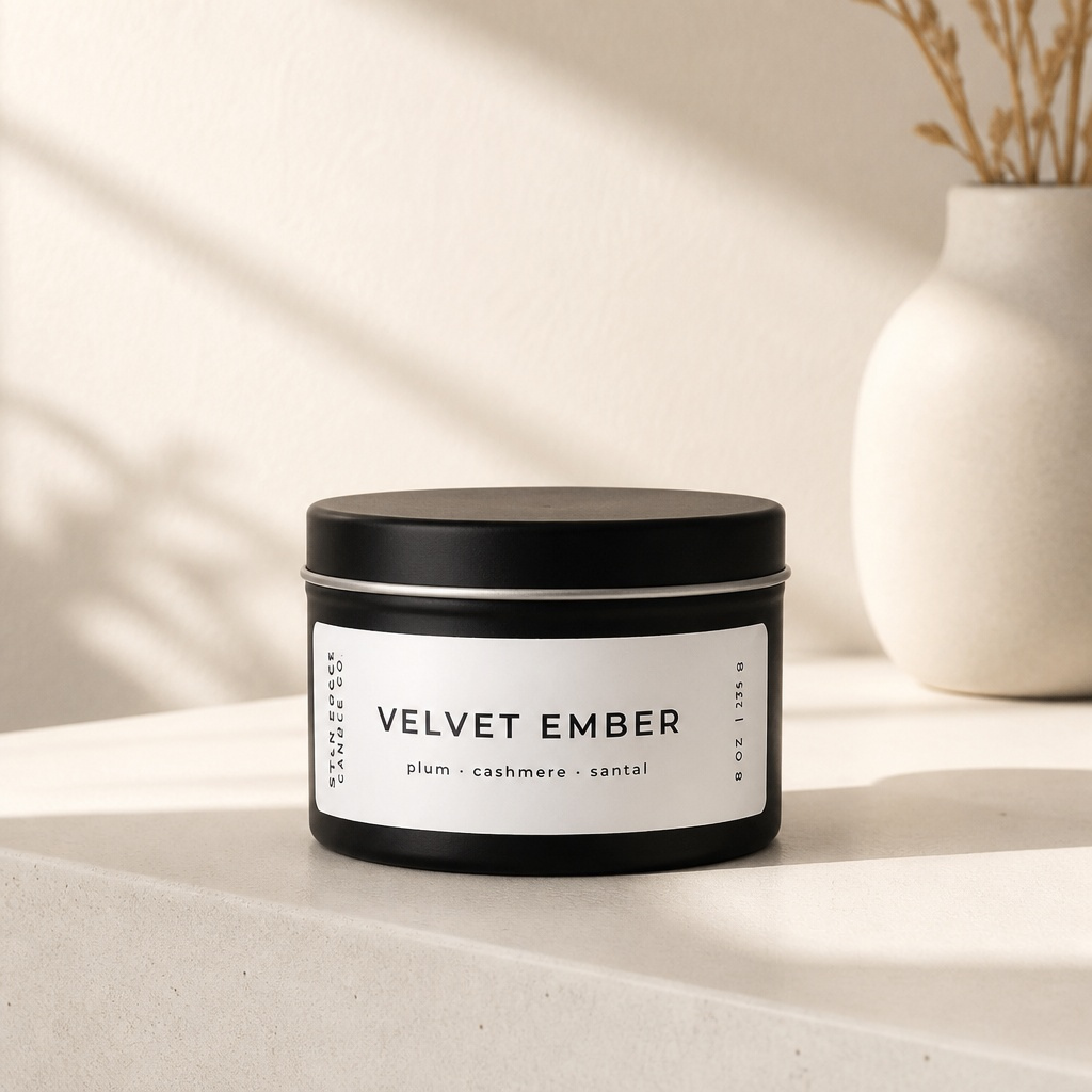 A black metal tin candle labeled 'VELVET EMBER' sits on a light stone surface with a white ceramic vase in the background, lit by warm natural shadows.