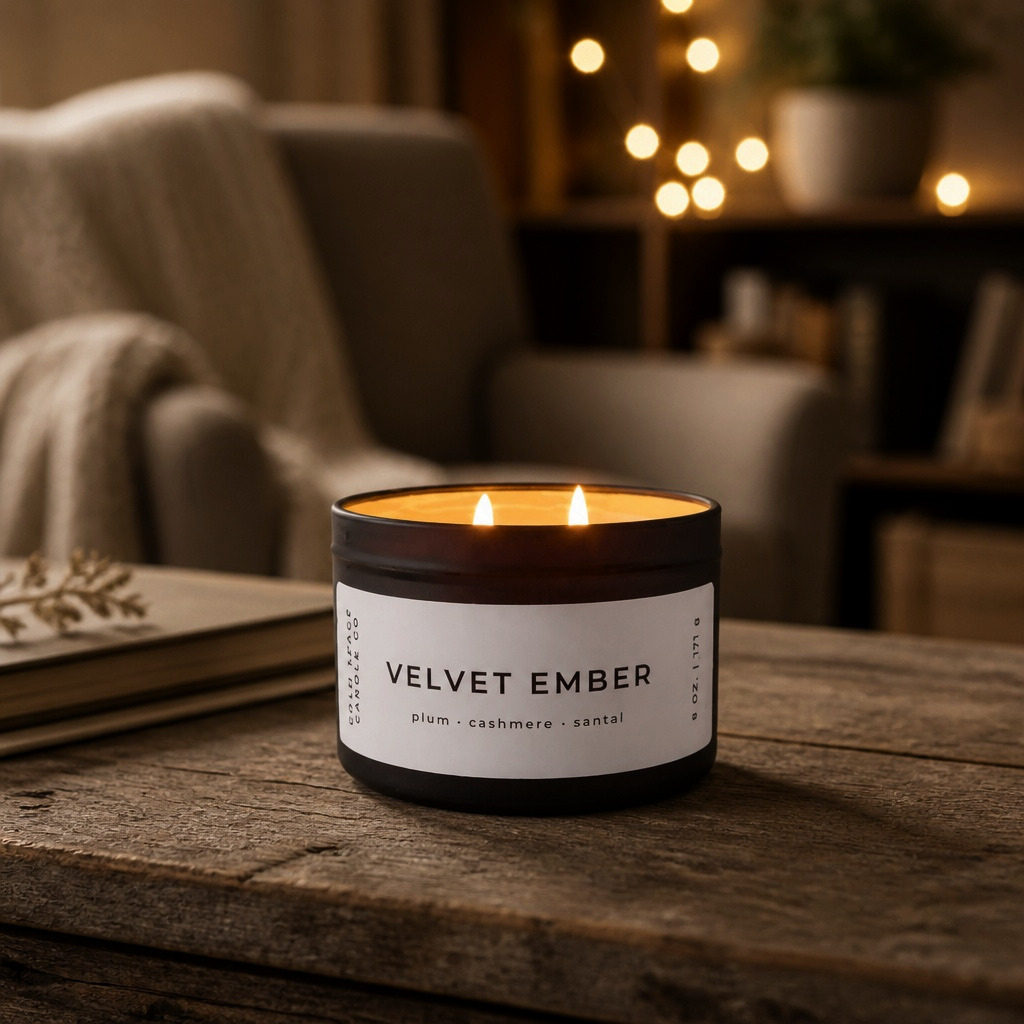 A lit double-wick candle in a dark amber glass jar sits on a rustic wooden table in a cozy living room setting with a blurred armchair and warm string lights in the background. The label reads 'VELVET Ember' with scent notes of plum, cashmere, and saffron.